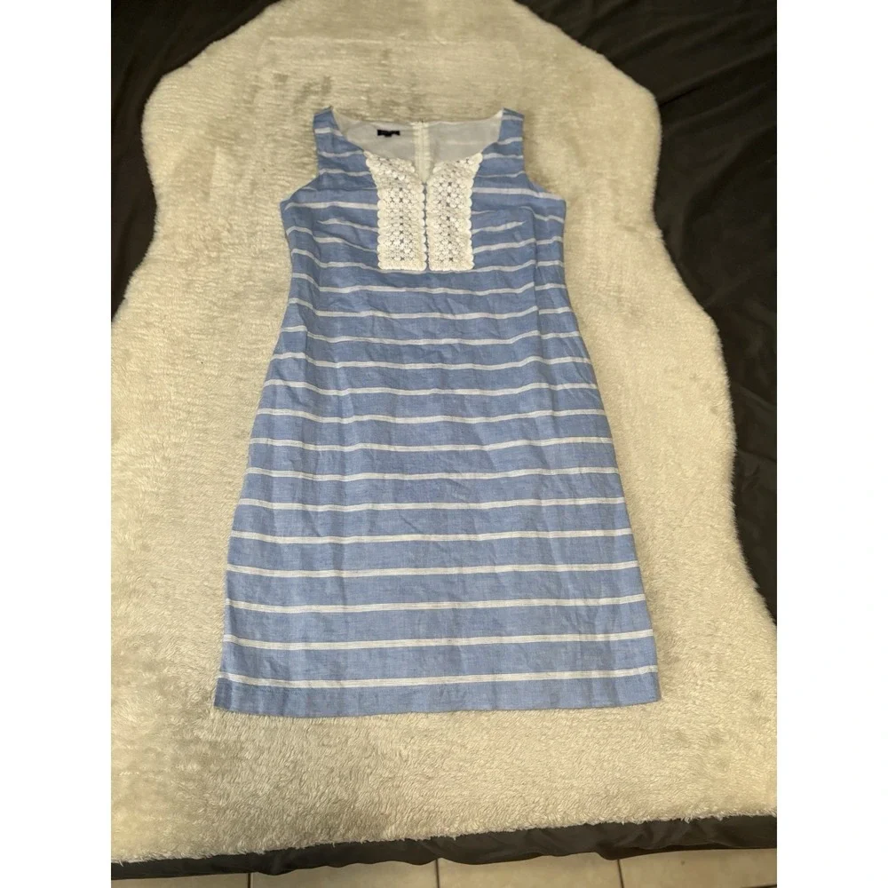 Talbots Linen‎ Blend Chambray Striped Shift Dress Size 6 Blue White Sleeveless